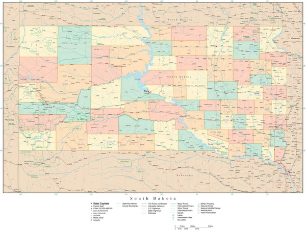 South Dakota State Map in Adobe Illustrator Vector Format. Detailed ...