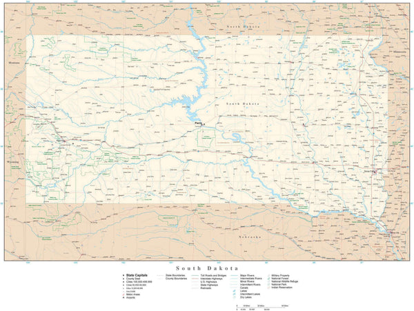 South Dakota Detailed Map in Adobe Illustrator vector format. Detailed ...