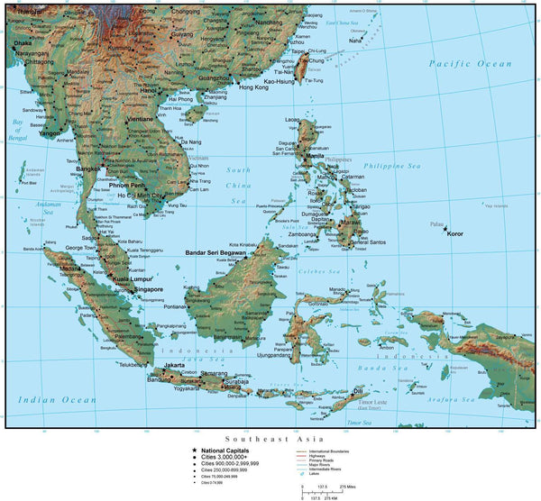 Southeast Asia Terrain map in Adobe Illustrator vector format with ...