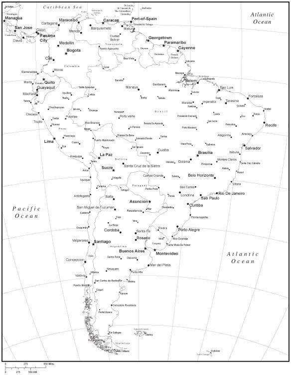 south american countries and capitals black and white