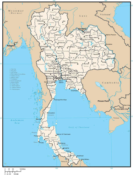 Thailand Map with Province Areas and Capitals in Adobe Illustrator