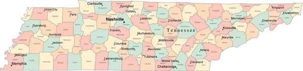 Multi Color Tennessee Map with Counties, Capitals, and Major Cities
