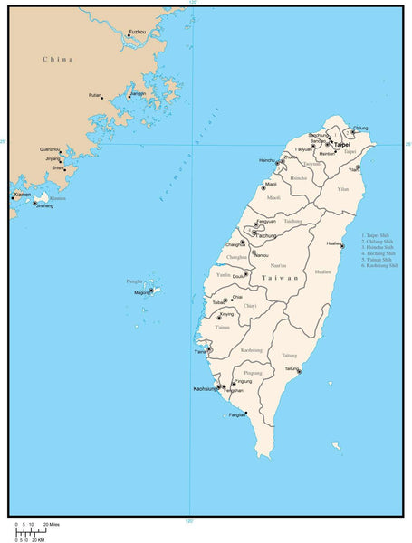 Taiwan Map with Admin Areas and Capitals in Adobe Illustrator Format