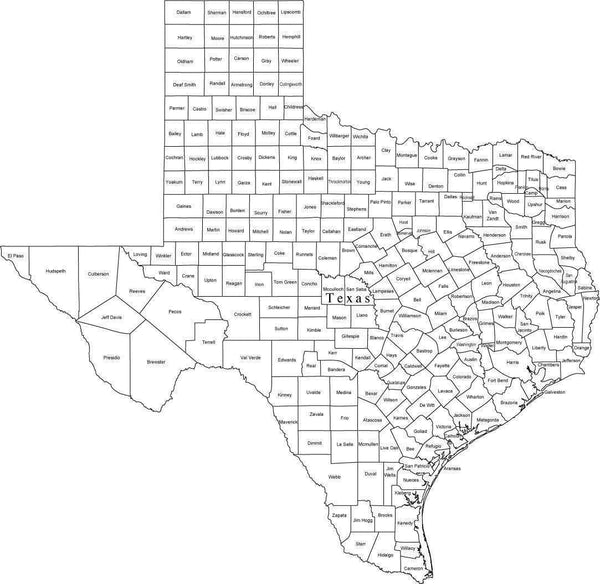 Black & White Texas Digital Map with Counties