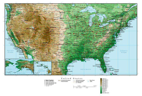 USA Map Rectangular Projection with Contour Background