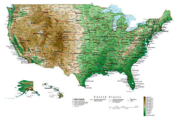 USA Map Rectangular Projection with Contour Background