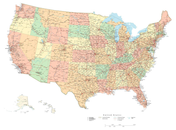 Poster Size USA Map with Cities Highways and Water Features