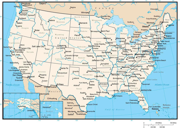 United States Map with States and Capitals in Adobe Illustrator Format