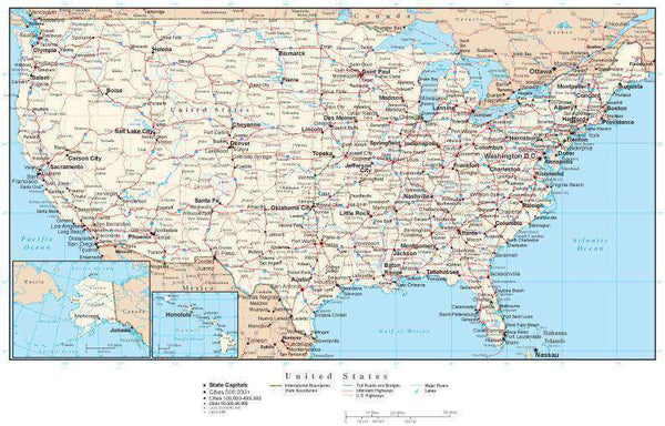 USA Map Rectangular Projection with Cities, Roads and Water Features