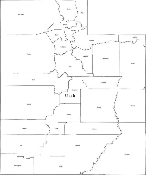 Black & White Utah Digital Map with Counties