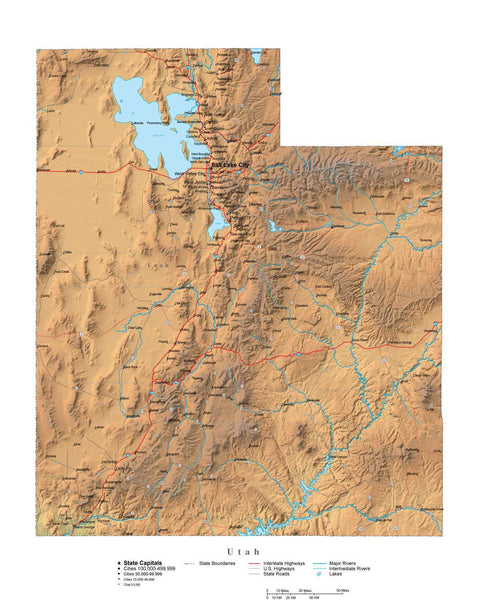 Utah Illustrator Vector Map With Cities Roads And Photoshop Terrain Image
