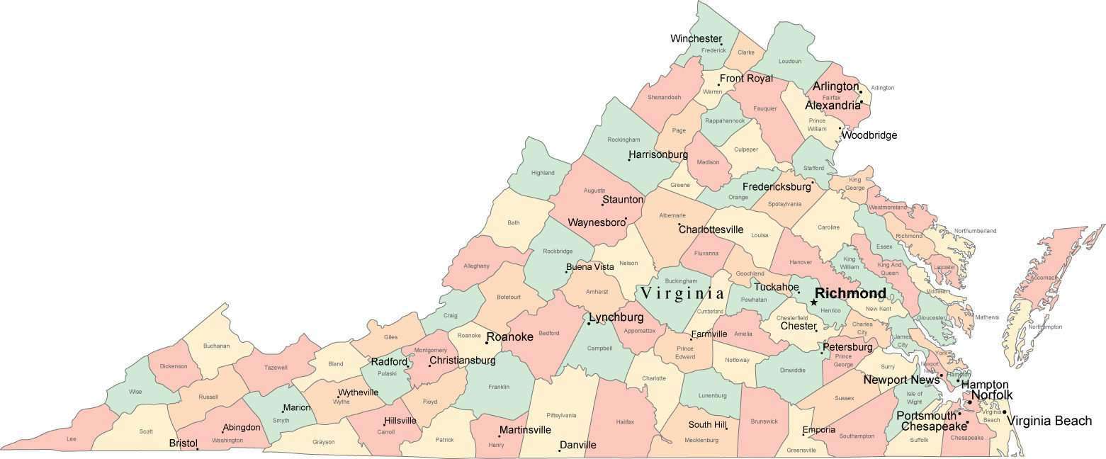multi-color-virginia-map-with-counties-capitals-and-major-cities