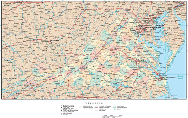 Virginia Adobe Illustrator Map with Counties, Cities, County Seats ...