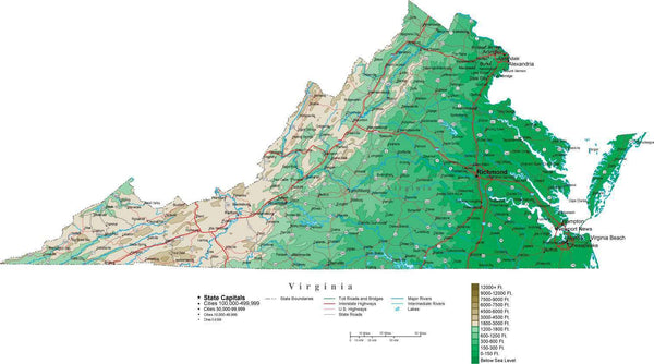 Virginia Contour Map in Adobe Illustrator Digital Vector Format