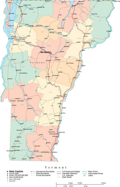 Vermont Digital Vector Map with Counties, Major Cities, Roads, Rivers ...