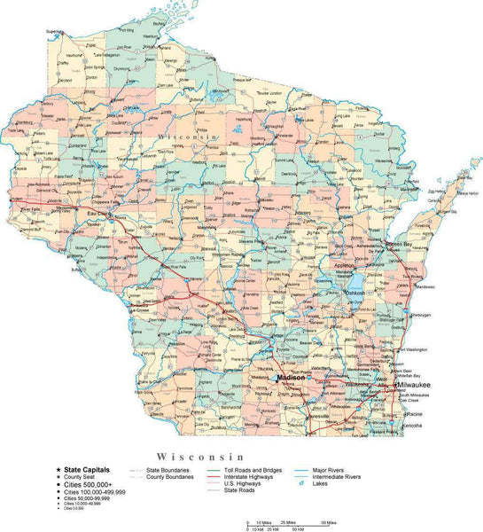 Wisconsin Digital Vector Map with Counties, Major Cities, Roads, Rivers ...