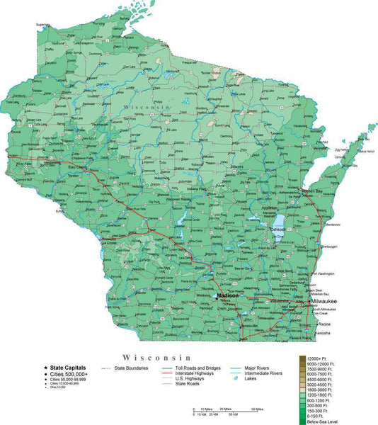 Wisconsin Contour Map in Adobe Illustrator Digital Vector Format