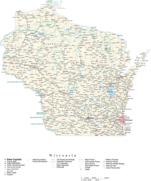 Wisconsin Detailed Cut-Out Style State Map in Adobe Illustrator Vector ...