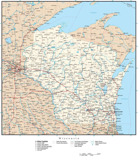 Wisconsin map in Adobe Illustrator vector format