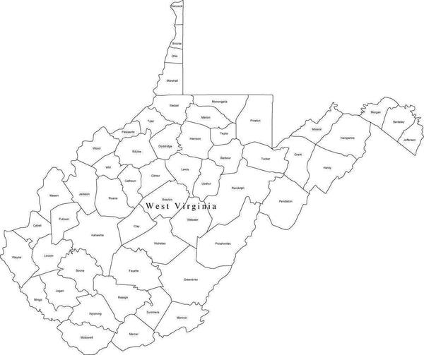 Black & White West Virginia Digital Map with Counties