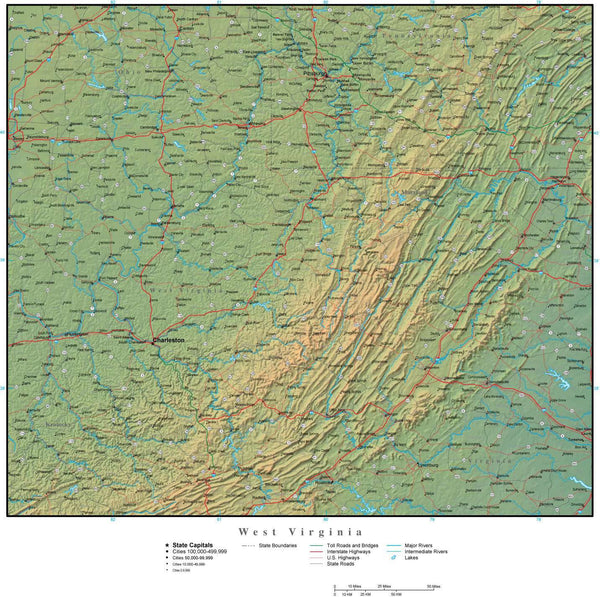 West Virginia State Map Plus Terrain with Cities & Roads