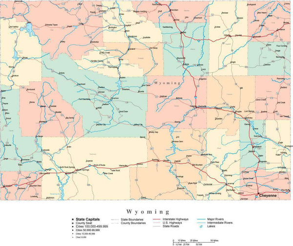 Wyoming Digital Vector Map with Counties, Major Cities, Roads, Rivers ...