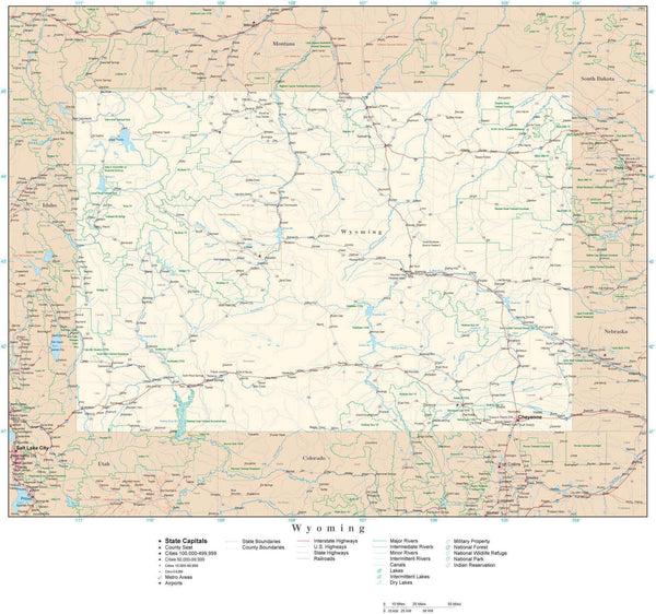 Wyoming digital Detailed Map in Adobe Illustrator vector format ...