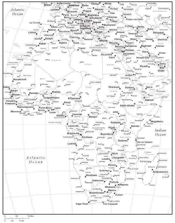 africa map black and white with capitals