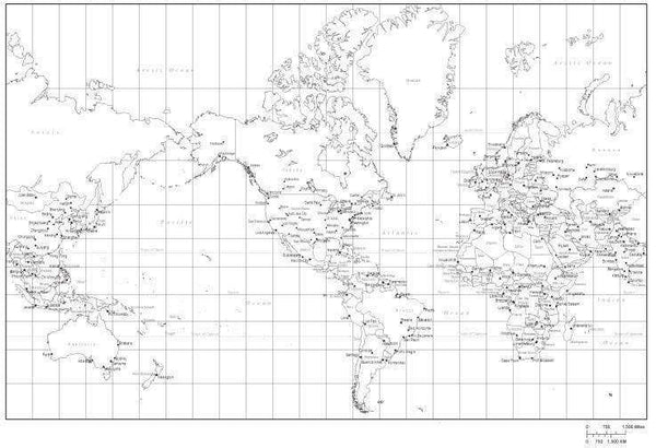 Black & White World Map with Countries, Capitals and Major Cities - MC ...