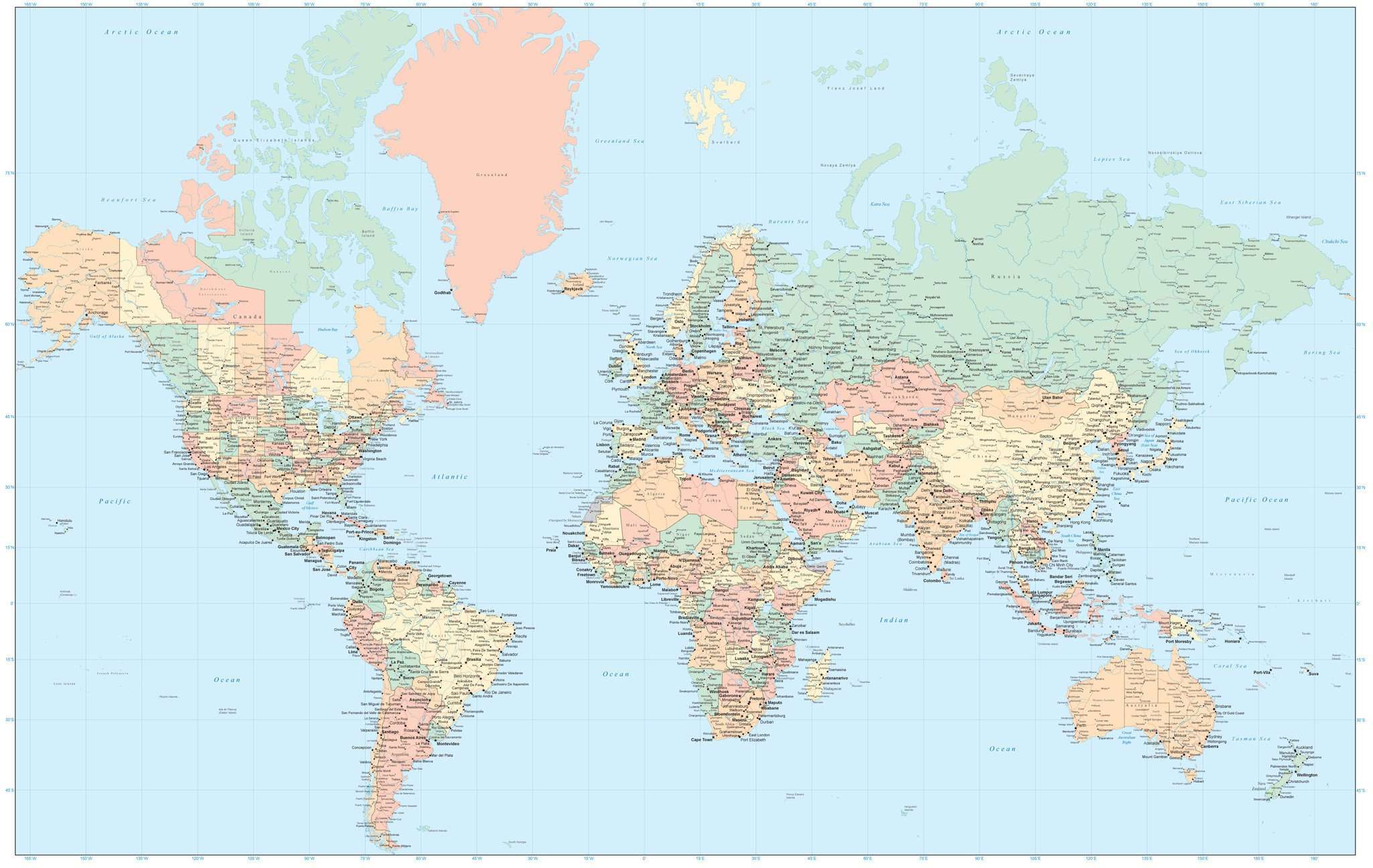 world maps with countries names and cities
