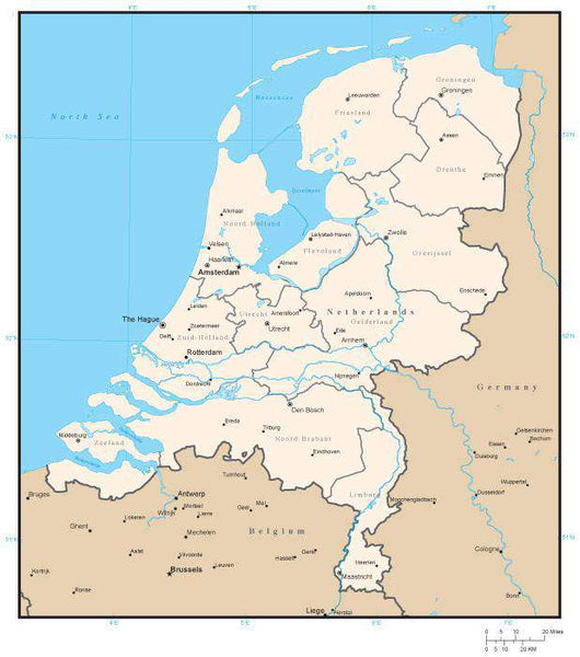 Netherlands Map with Province Areas and Capitals in Adobe Illustrator ...