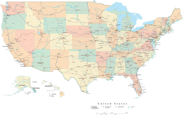 Poster Size USA Map with Counties, Cities, Highways - Platte Carre