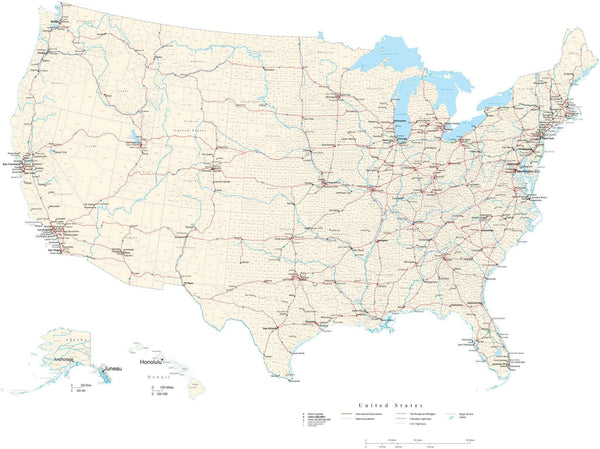 Poster Size USA Map with County Boundaries, Cities, Highways, and more