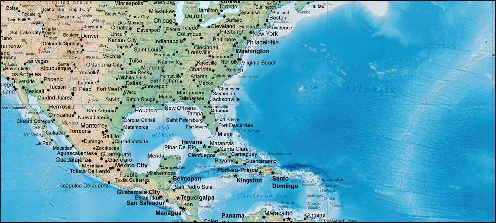 55 x 35 Inch World Vector Map with US States and Canadian Provinces - plus Terrain in Land & Ocean Floor - Mercator Projection